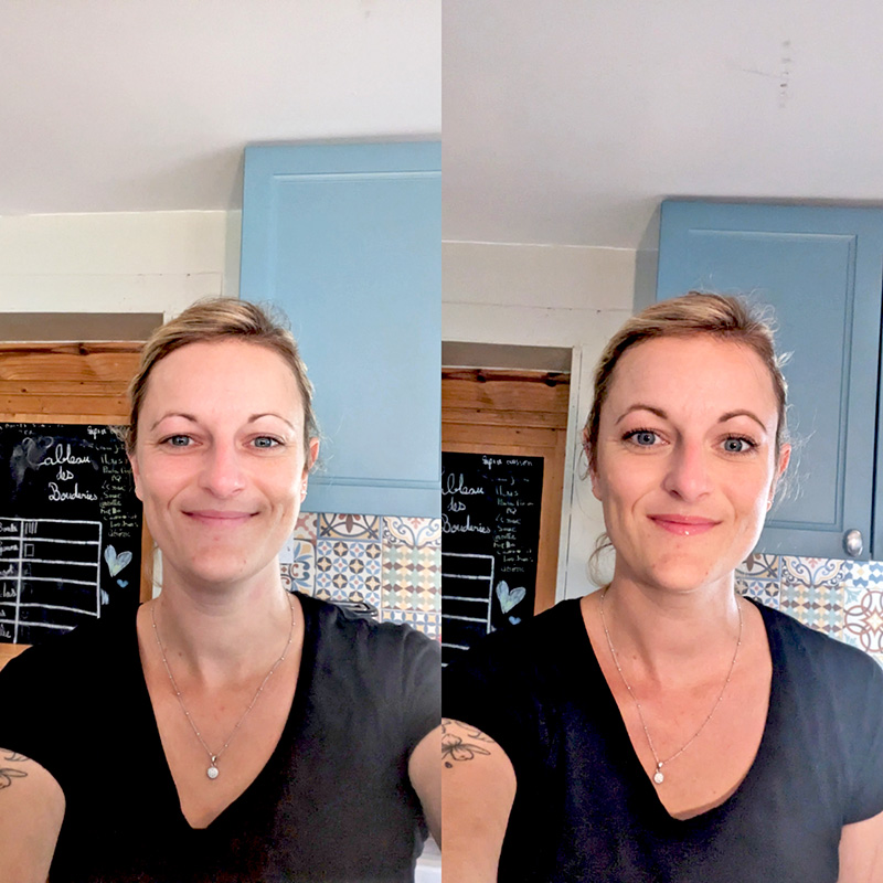 Résultat avant-après d’un cours d’auto-maquillage naturel à Roanne – mise en beauté du teint et regard lumineux.
